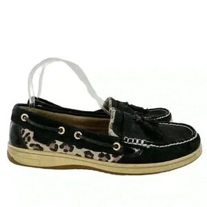 Sperry flats size 9.5 black nubuck leather cheetah animal print preppy boatshoes